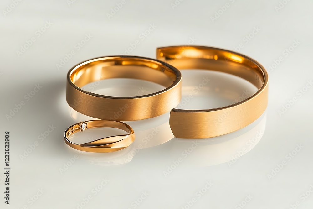 Contemporary golden bracelets and a ring displayed on a white background, focusing on simplicity and elegance. Contemporary golden bracelets and a ring displayed on a white background, focusing on simplicity and elegance.