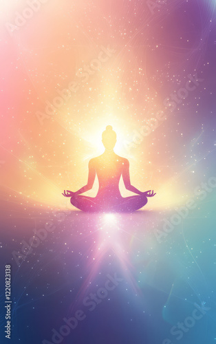 Meditative Radiance: A silhouette in a lotus position, bathed in the ethereal glow of inner peace, amidst a cosmic background of stars and light. This image evokes tranquility and spiritual awakening.