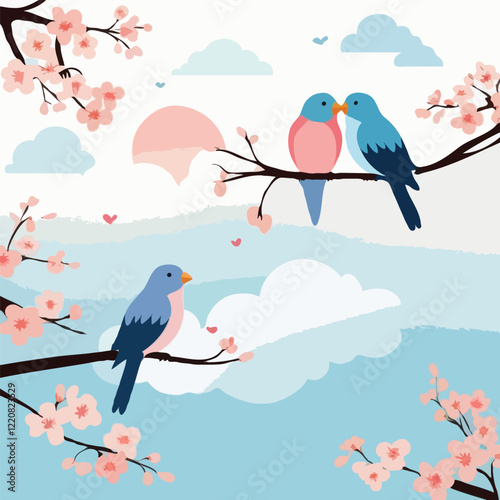 Bird and Cherry Blossom Love Scene