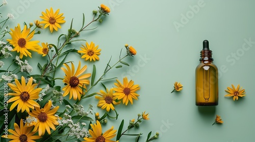 Over a pale green setting, arnica flowers encircle a petite bottle containing few essential oil derived from an organic compound for skin lovely brown hue and space, Generative AI.