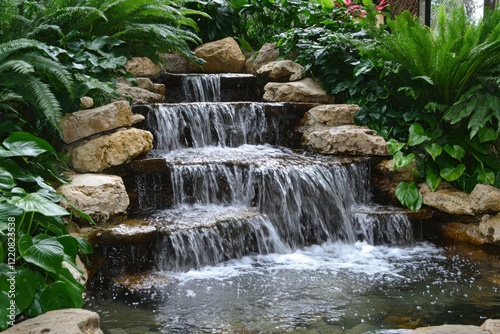 Serene waterfall cascading over rocks surrounded by lush greenery in a tranquil garden setting