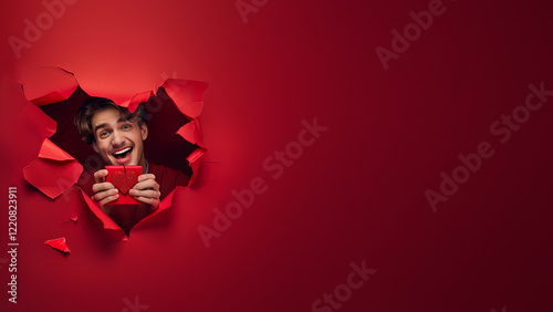 Smiling Man Presents Heart Card Through Red Tear photo