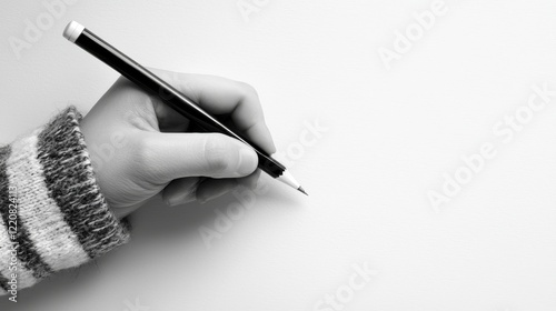 A hand in a striped sweater writes with a pencil on white paper, leaving space for your text or design.