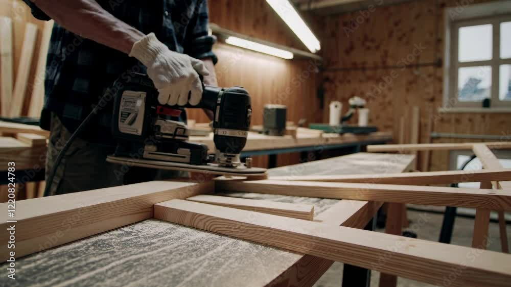 Woodworking in a workshop using power tools to shape lumber and create furniture components