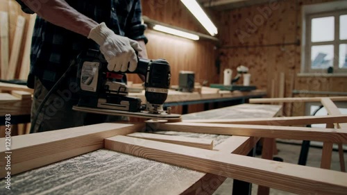 Woodworking in a workshop using power tools to shape lumber and create furniture components
