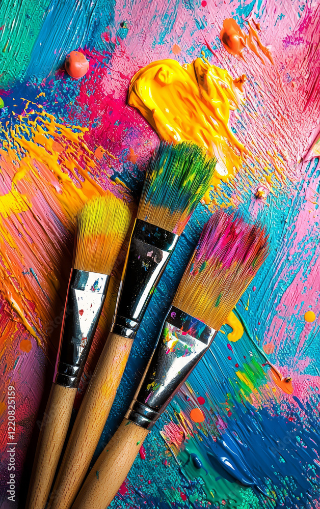 Obraz premium Artistic Brushes in Vivid Hues: A close-up shot displays a collection of paintbrushes resting on a canvas covered in vibrant, colorful strokes of paint.