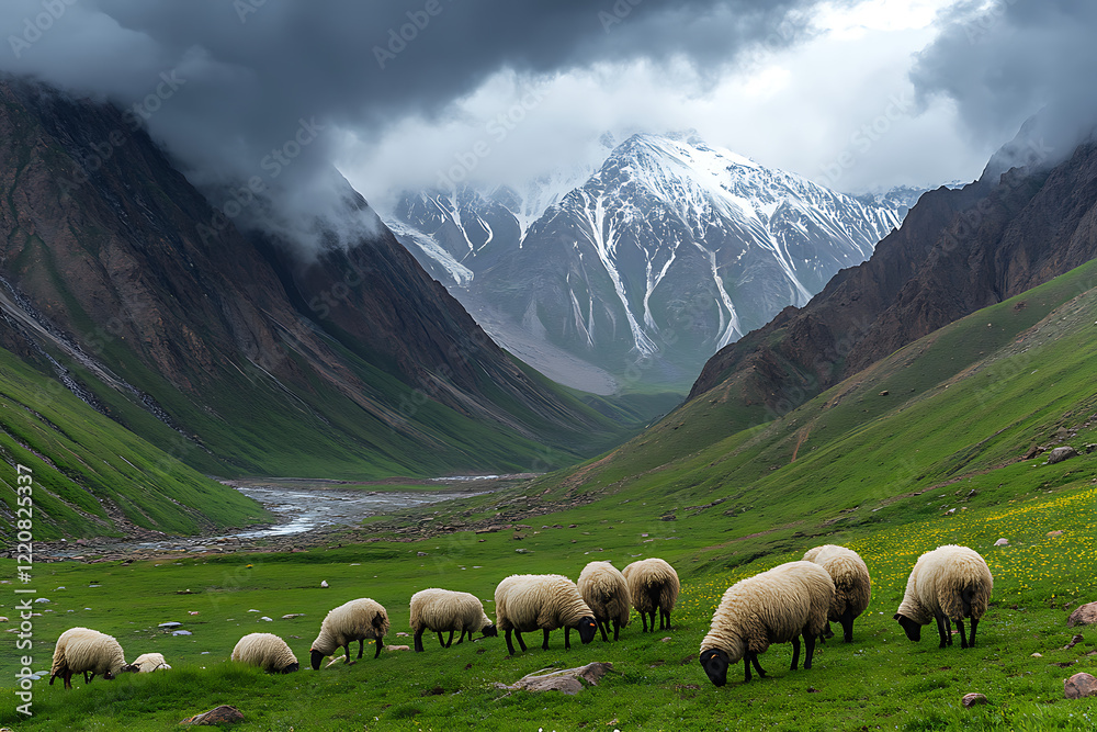 Fototapeta premium flock of sheep grazing with mountain background