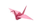 A pink origami crane with a different perspective, highlighting its symmetrical folds and delicate craftsmanship. Isolated on a transparent background