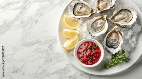 A chilled platter of freshly shucked oysters on the half shell, served with lemon wedges, mignonette sauce, and a small bowl of crushed ice, set on a marble countertop. photo