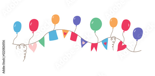 Flags, hearts, balloons. Banner. Funny cartoon greeting card decor, party invitation.
