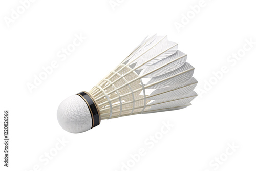 A traditional badminton shuttlecock with a white feather skirt, sturdy cork base, and a black band, designed for professional gameplay. Isolated on a transparent background