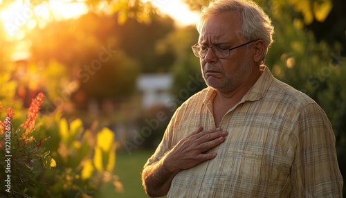 Dramatic Image Senior Man Experiencing Acute Chest Pain While Gardening Outdoors, Elderly Male Suffering Unexpected Heart Attack Symptoms, Gasping for Air, Urgent Medical Attention Needed, Showing