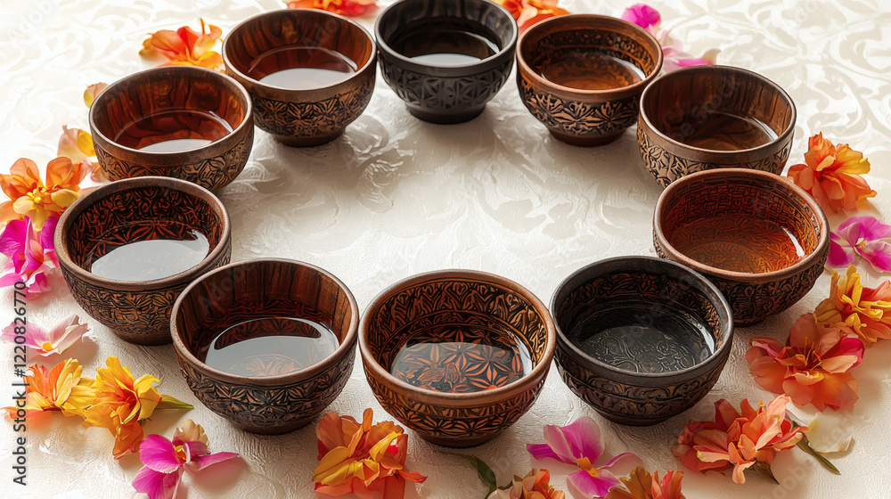 Fototapeta premium A Collection Of Small Water Bowls With Intricate Thai Patterns