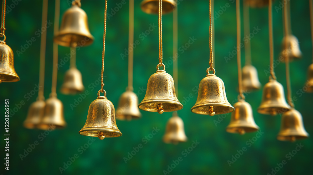 Obraz premium Golden Bells Hanging Against a Green Background