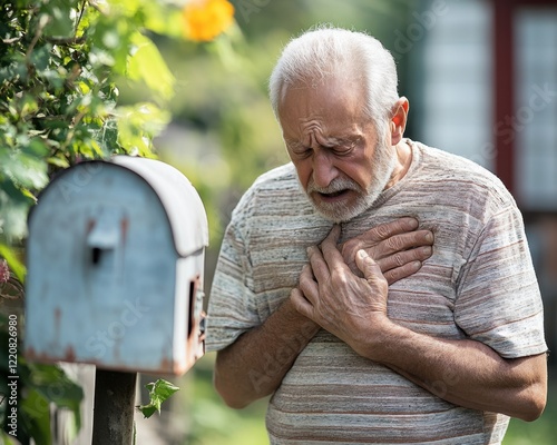 Elderly man experiencing acute chest pain, gasping for breath near a mailbox outdoors Relatable scene depicting a potential heart attack in an elderly individual This image portrays the sudden onset