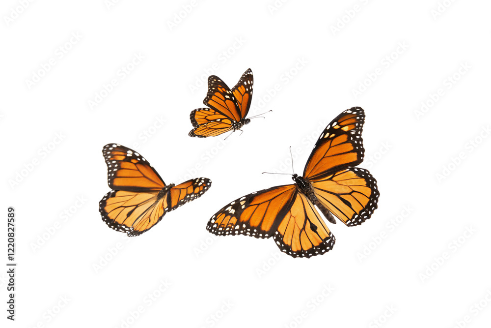 Fototapeta premium Three vibrant monarch butterflies with bright orange and black wings. Isolated on a transparent background, displaying elegance and grace