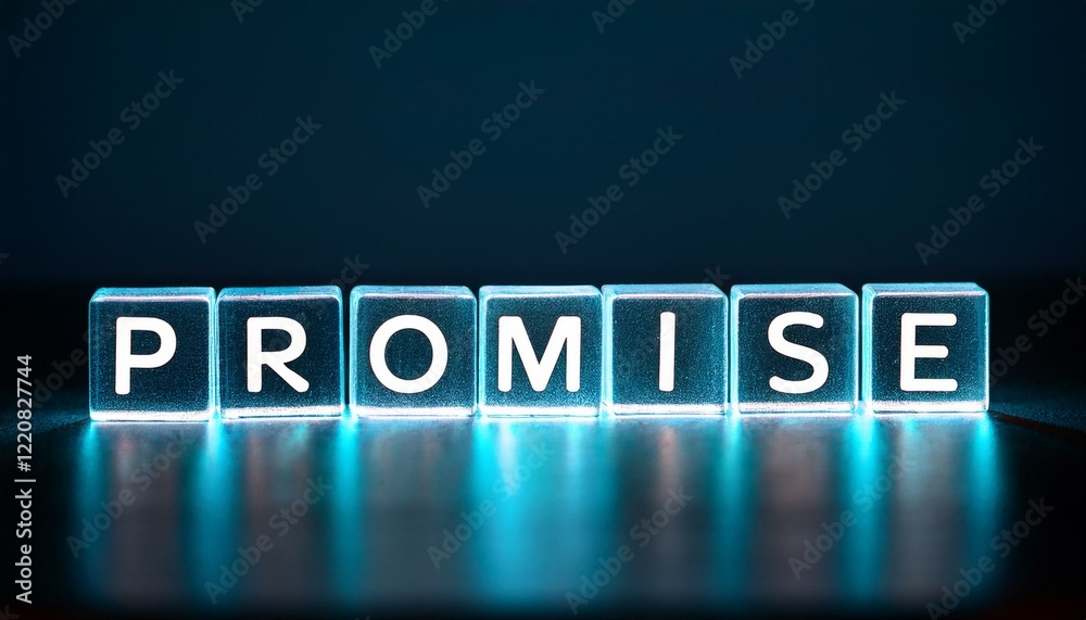 約束を意味する英単語のpromiseの文字が書かれた透明なキューブブロックが横に並んでいる。aiで生成 約束を意味する英単語のpromiseの文字が書かれた透明なキューブブロックが横に並んでいる。aiで生成