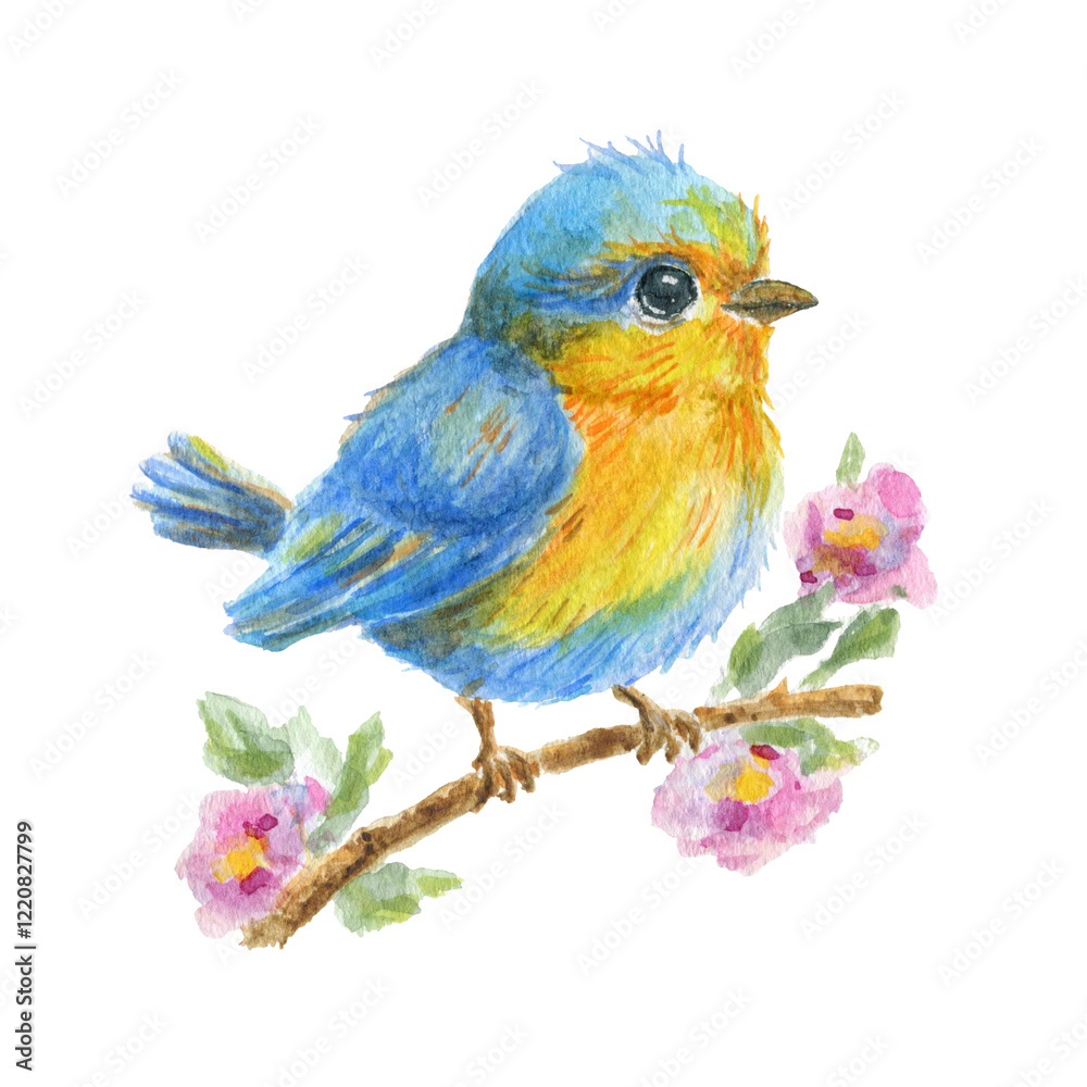 Fototapeta premium Spring cherry flowers and baby bird sitting on branch. Watercolor illustration for greeting card or invitation..
