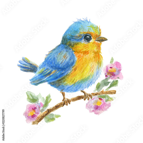 Spring cherry flowers and  baby bird sitting on branch. Watercolor illustration for greeting card or invitation..