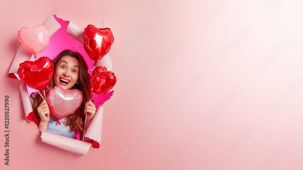 Woman With Heart Balloons Emerging From Square Box Woman With Heart Balloons Emerging From Square Box