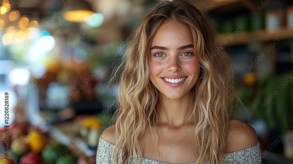 Portrait of a Smiling Woman in a Market Setting