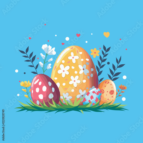 Happy Easter, vector flat illustration. Different patterns, Easter eggs surrounded by nature and decorative elements on a blue background. For the design of postcards, website, congratulations