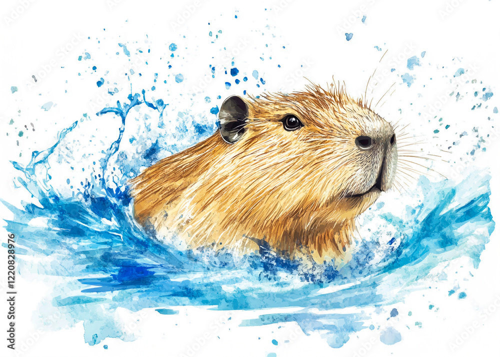 Salpicaduras de Serenidad: Una Vibrante Ilustración Acuarela de Capibara
