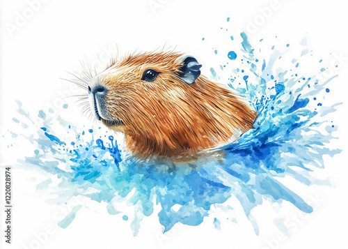 Obraz na płótnie Splashes of Serenity: A Vibrant Watercolor Capybara Illustration w salonie