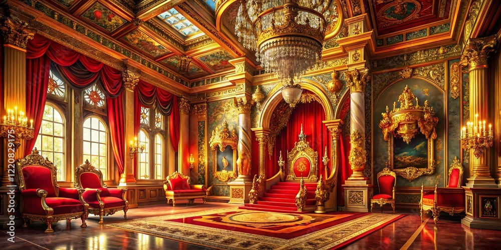 Obraz premium Majestic Fantasy Throne Room: Opulent Royal Palace Interior with Gold & Red Accents