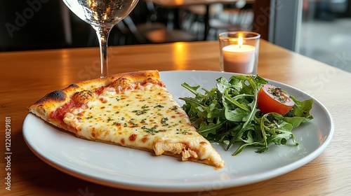 Wallpaper Mural A chic urban cafe setting, featuring a slice of chicken Parmesan pizza on a stylish plate with a side of mixed greens, candlelight enhancing the cozy atmosphere Torontodigital.ca