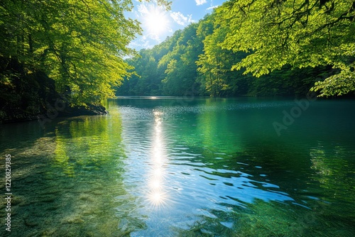 A tranquil summer lake surrounded by lush forests, with sunlight reflecting off the calm waters