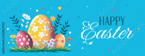 Happy Easter, vector horizontal flat illustration. Easter eggs with different patterns surrounded by nature and decorative elements on a blue background. For design of postcards, website