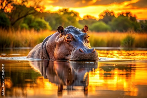 Serene Sunset: Hippopotamus in Calm River Water Reflection photo