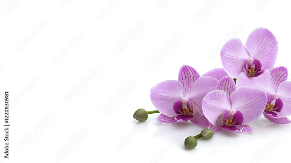 Obraz premium Lavender orchid with delicate fine petals gracefully displayed on a pristine white canvas, radiating elegance and natural beauty.