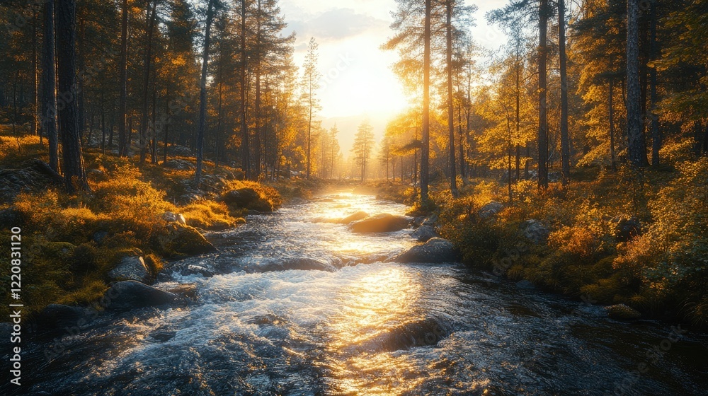 Fototapeta premium Serene sunset over a tranquil river flowing through a lush forest, capturing nature's beauty