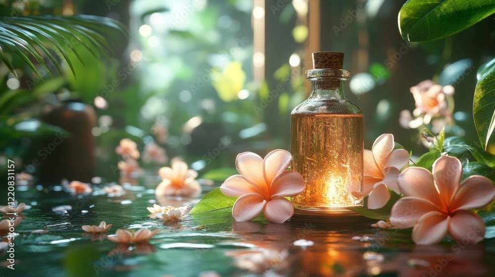 Elegant Bottle with Flowers Floating in a Water Garden Elegant Bottle with Flowers Floating in a Water Garden