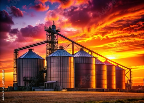 Silhouette of Modern Granary & Grain Drying Complex at Sunset