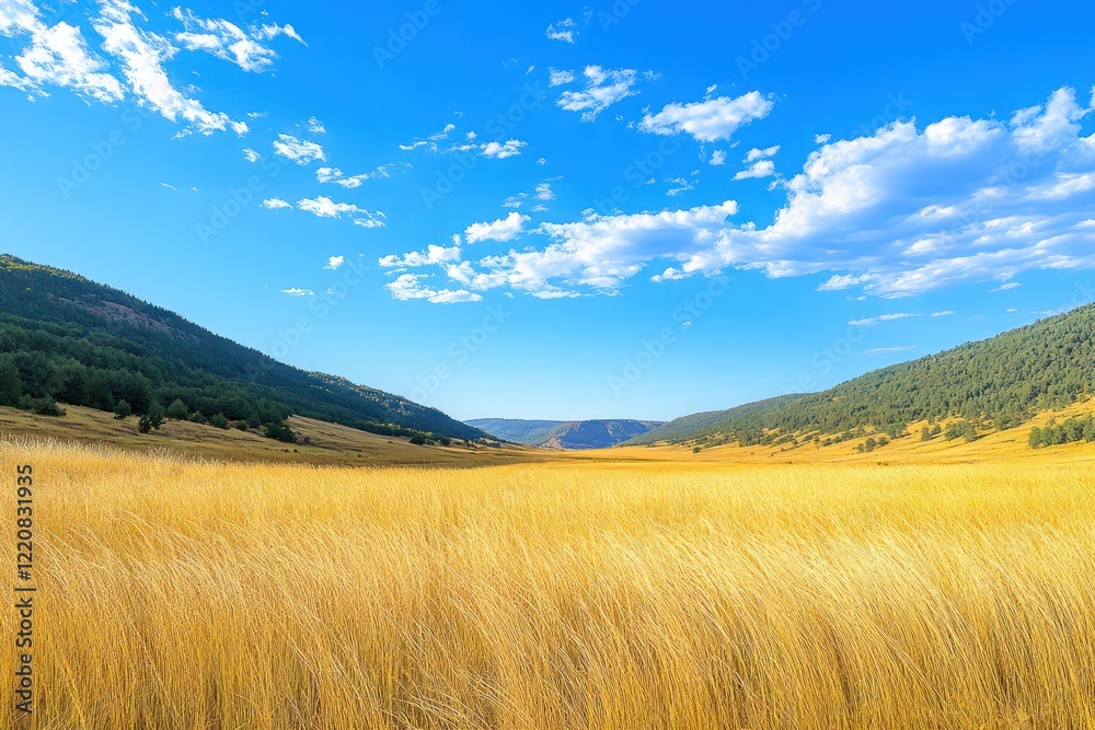 Obraz premium A tranquil valley with golden summer grasses swaying under a vast, cloudless blue sky