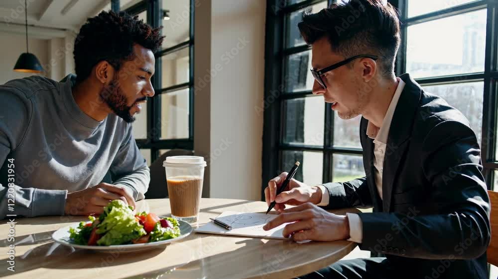 Meeting at a café during lunchtime with discussions and healthy lunch choices Meeting at a café during lunchtime with discussions and healthy lunch choices