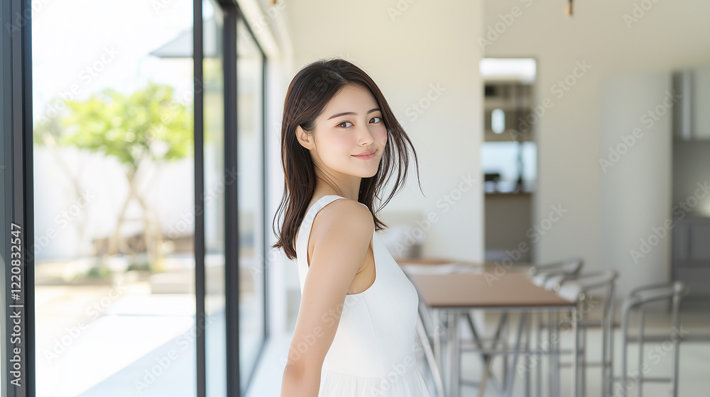 Elegant pose of an Asian woman in a bright, glass-walled interior Elegant pose of an Asian woman in a bright, glass-walled interior