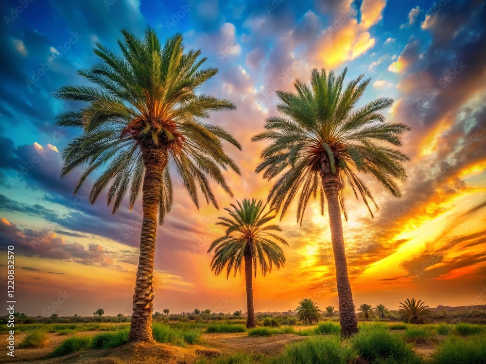 Majestic Iraqi Double Palm Trees at Sunset - Long Exposure Photography Majestic Iraqi Double Palm Trees at Sunset - Long Exposure Photography