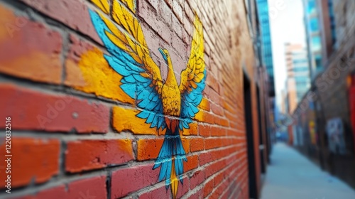 Vibrant Urban Mural of Colorful Phoenix on Brick Wall in Alleyway