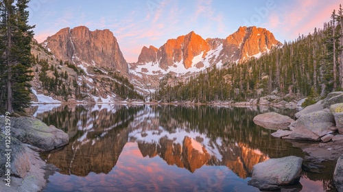 Mountain Lake Reflecting Sunrise Colors in the Rockies