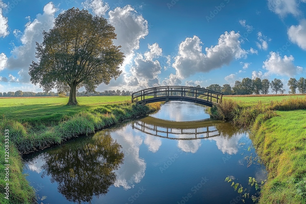 Serene landscape featuring a wooden bridge over a reflective stream surrounded by lush greenery Serene landscape featuring a wooden bridge over a reflective stream surrounded by lush greenery