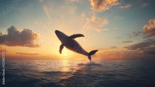 Majestic Whale Breaching at Sunrise Over Calm Ocean Water with Golden Rays and Dramatic Clouds