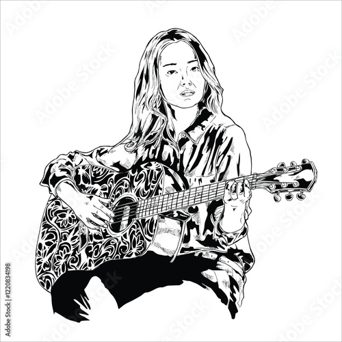 illustration vector guitar player 02. Beautiful woman playing acoustic guitar