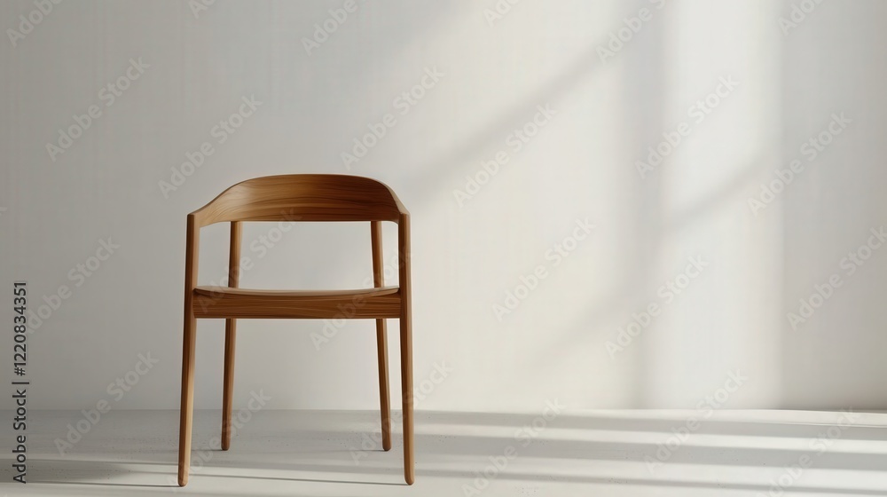 Fototapeta premium Minimalist wooden chair in bright airy room with soft shadows and natural light on neutral wall background