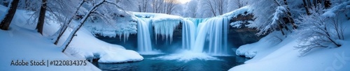 Frozen waterfalls cascading into snow covered forest, frozen scenery, snow