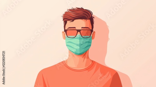 Young man wearing a face mask and glasses, standing against a light background, illustration depicting safety awareness