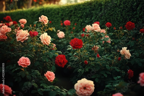 A vibrant garden with pink and red roses, surrounded by lush green hedges photo